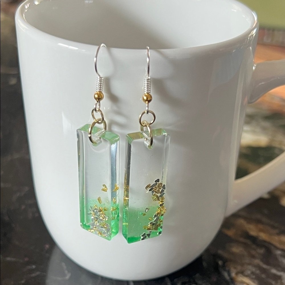 Sterling Silver Green and Gold Dangle Boutique Earrings Everyday Casual Jewelry